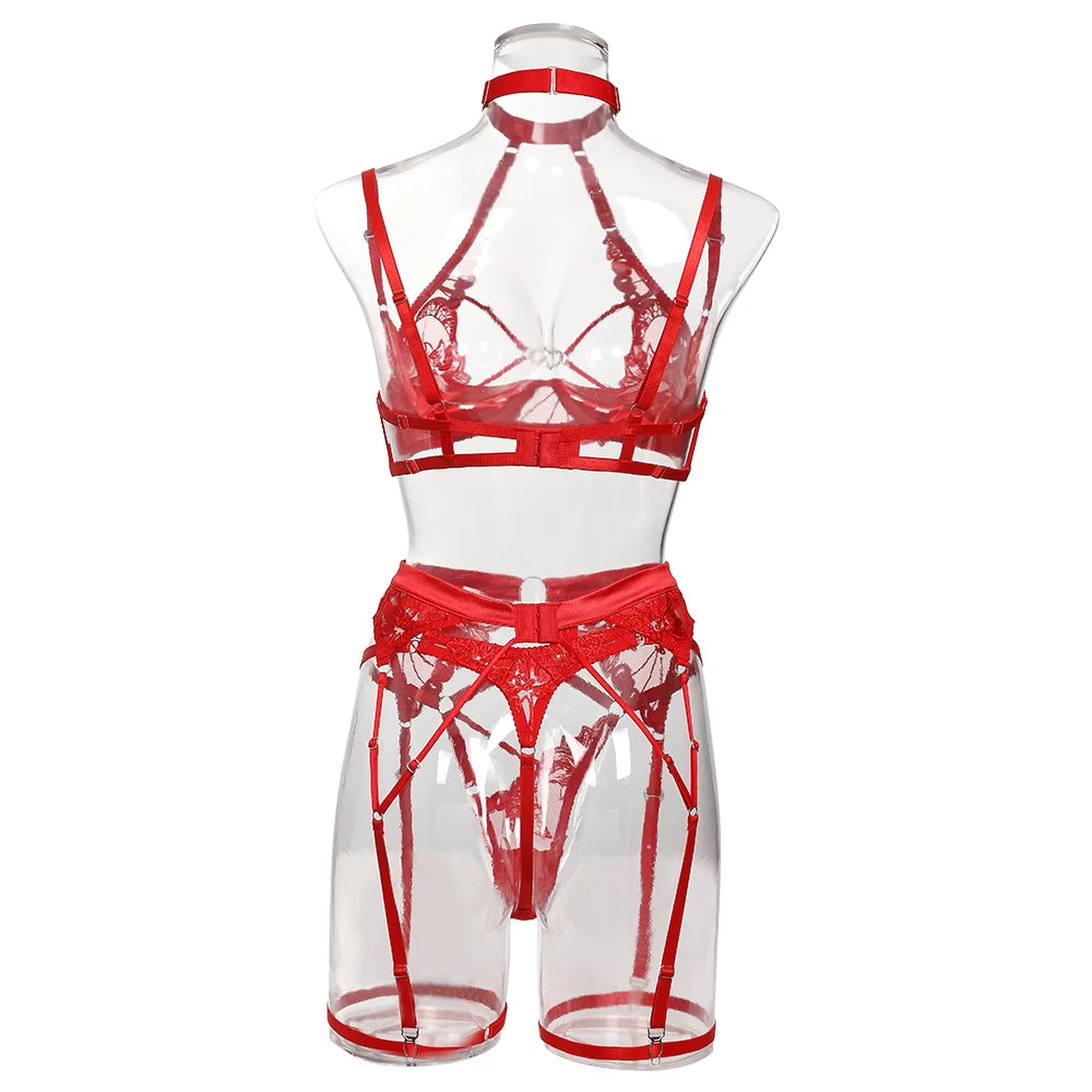 Conjunto de Lencería Elegante de 4 Piezas con Sujetador Halter, T-string y Encaje