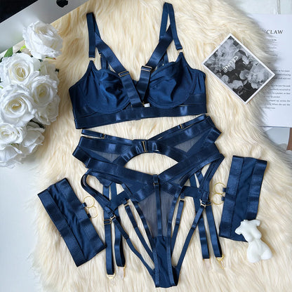 Navy Blue Sheer Lingerie Set with Panties and Push Up Bra