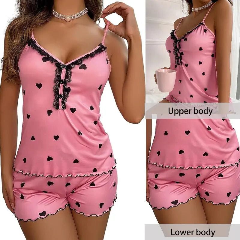 Women's Summer Pajama Set, 2 Piece V-Neck Top and Sleeveless Shorts Pajamas