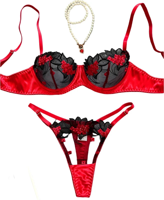 Conjunto de Lencería Elegante con Sujetador de Encaje Floral, Sexy y Exótico