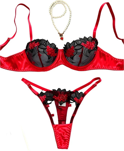 Conjunto de Lencería Elegante con Sujetador de Encaje Floral, Sexy y Exótico