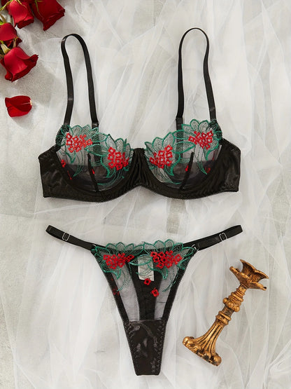 Conjunto de Lencería Elegante con Sujetador de Encaje Floral, Sexy y Exótico