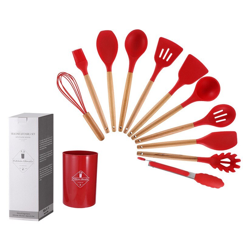 Set de Utensilios de Cocina de Silicona con Mango de Madera y Cubo de Almacenamiento