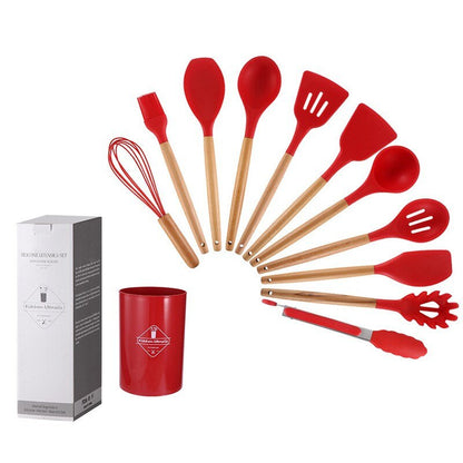 Set de Utensilios de Cocina de Silicona con Mango de Madera y Cubo de Almacenamiento