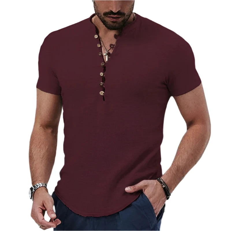 Camisa de Hombre de Manga Corta Algodón y Lino Cuello en V con Botones Casual