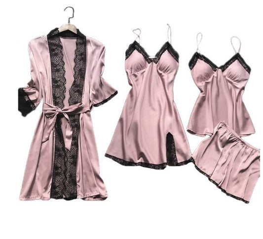 Women's 4-Piece Sleepwear Pajama Set with Faux Silk Lace