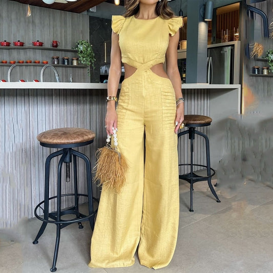 Enterizo de Mujer Elegante Jumpsuit de Piernas Anchas con Cuello Redondo y Cintura Abierta