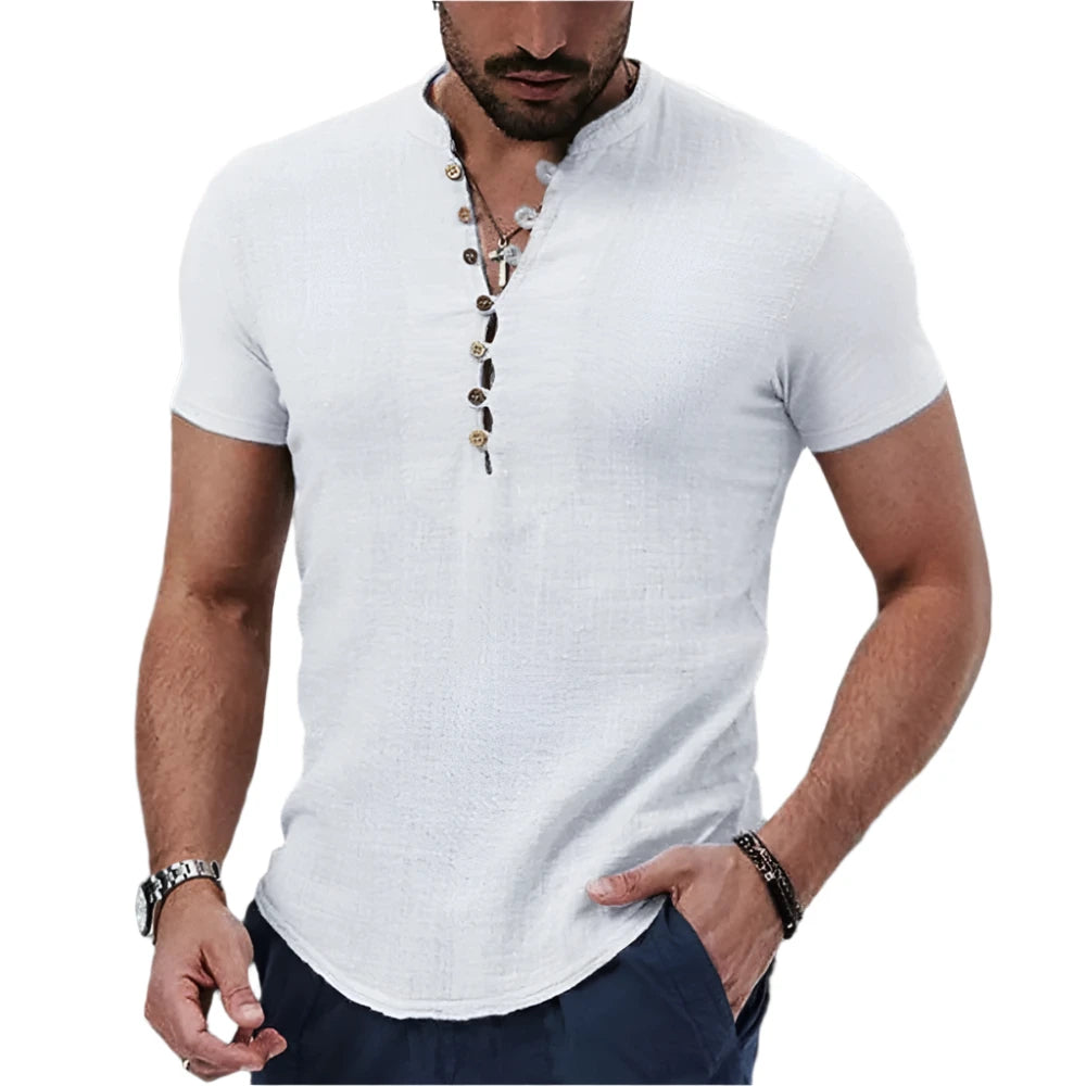 Camisa de Hombre de Manga Corta Algodón y Lino Cuello en V con Botones Casual