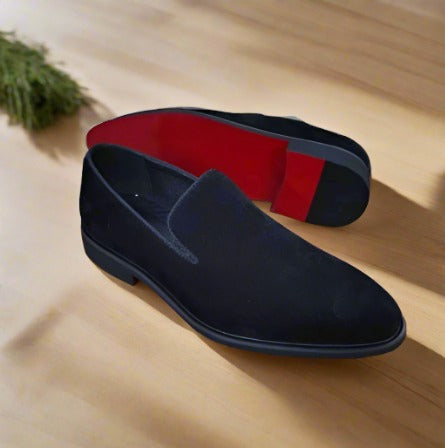 Mocasines de Suela Roja para Hombre en Felpa Negra y Amarilla