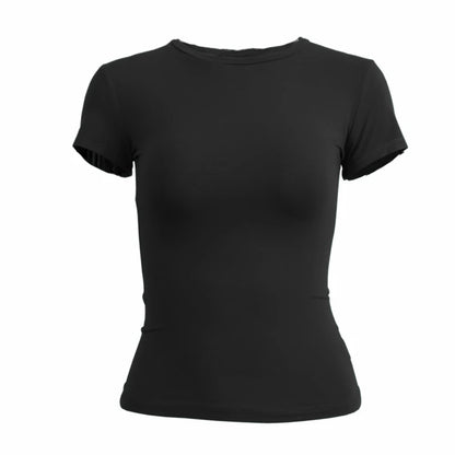 Camiseta de manga corta ajustada para mujer, estilo cuello redondo