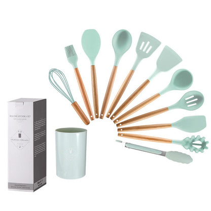 Set de Utensilios de Cocina de Silicona con Mango de Madera y Cubo de Almacenamiento