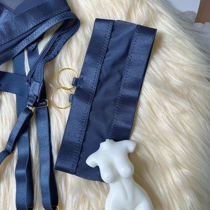 Navy Blue Sheer Lingerie Set with Panties and Push Up Bra