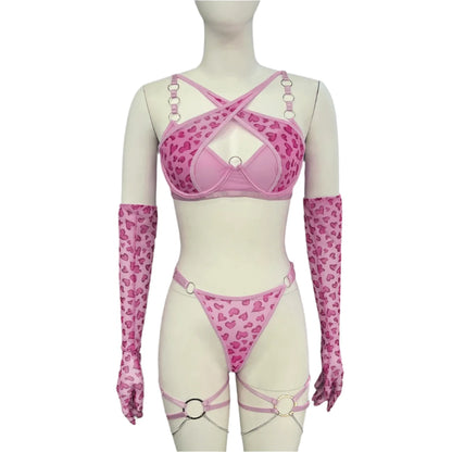 Conjunto de Lencería con Sujetador Push Up de Leopardo, Transparente con Encaje, Incluye Guantes y Medias