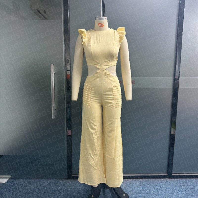 Enterizo de Mujer Elegante Jumpsuit de Piernas Anchas con Cuello Redondo y Cintura Abierta