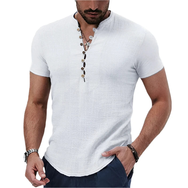 Camisa de Hombre de Manga Corta Algodón y Lino Cuello en V con Botones Casual