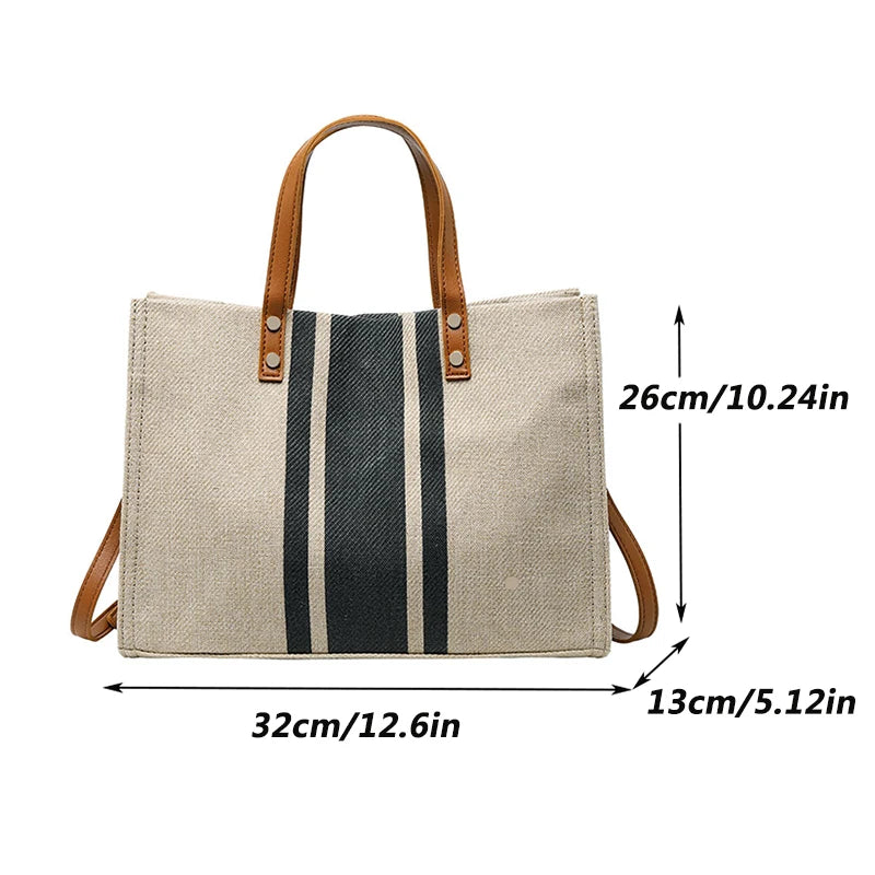 Women's Striped Canvas Handbag, Large Capacity Tote, Casual and Multifunctional, Shoulder Bag and Handles