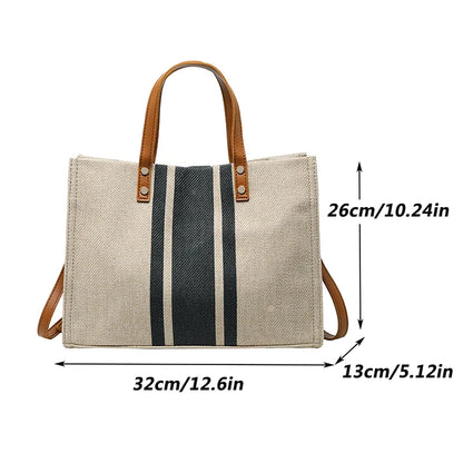 Women's Striped Canvas Handbag, Large Capacity Tote, Casual and Multifunctional, Shoulder Bag and Handles