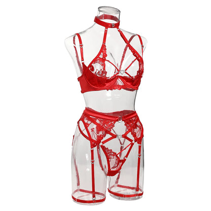 Conjunto de Lencería Elegante de 4 Piezas con Sujetador Halter, T-string y Encaje