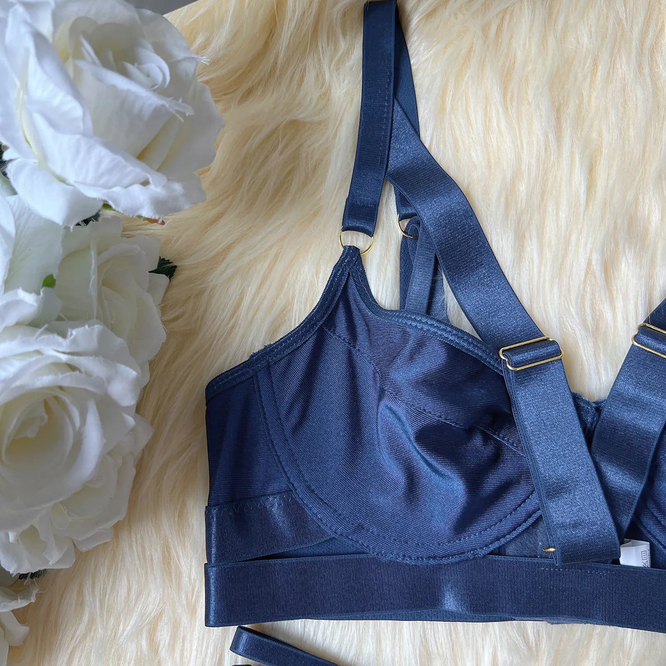 Navy Blue Sheer Lingerie Set with Panties and Push Up Bra