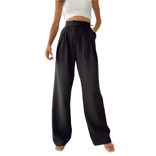 Elegant Black Fabric Wide Leg Pants with Drawstring