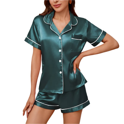 Women's Pajama Set, Satin Button-Down Pajamas with Shorts, 2-Piece Sleepwear and Loungewear