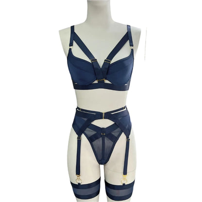 Navy Blue Sheer Lingerie Set with Panties and Push Up Bra