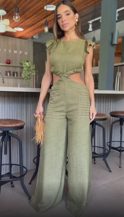 Enterizo de Mujer Elegante Jumpsuit de Piernas Anchas con Cuello Redondo y Cintura Abierta