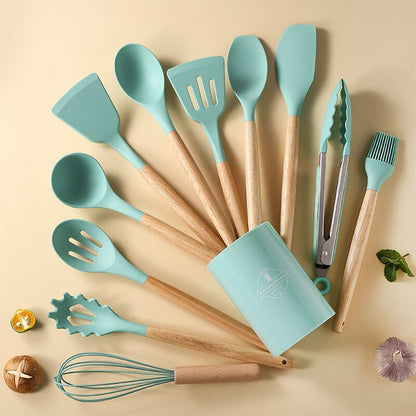 Set de Utensilios de Cocina de Silicona con Mango de Madera y Cubo de Almacenamiento